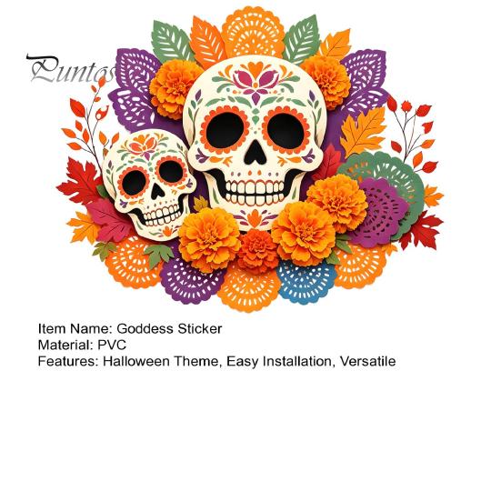 Waterproof Vinyl Graphics Day of The Dead Window Static Sticker, Flower Skull Decorative PVC Removable Home Ornament Decals, Halloween Glass