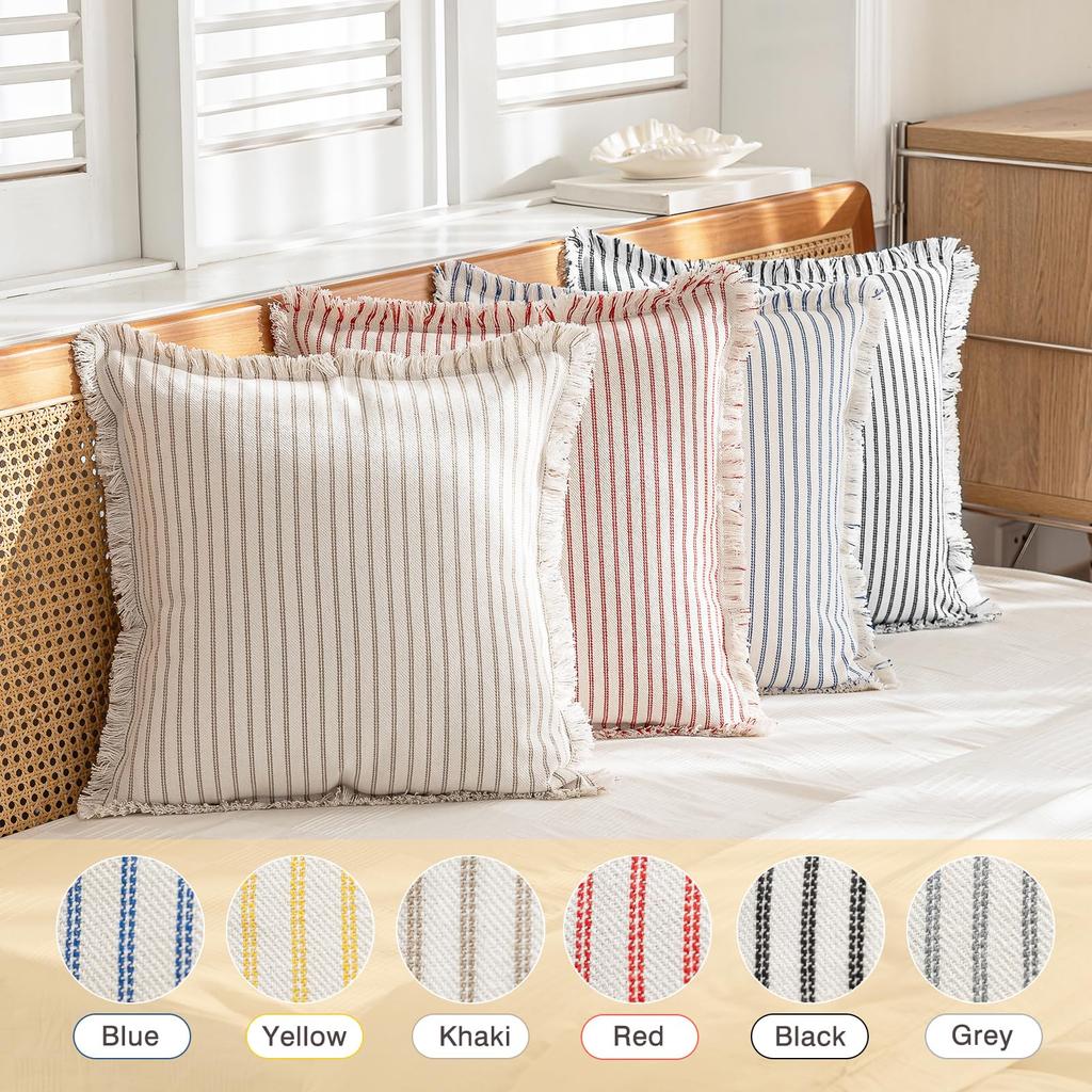 Throw Pillow Covers Set of 2 Striped Fringe Pillow Cover Farmhouse Cushion Covers with Tassel Neutral Boho Pillowcase for Couch