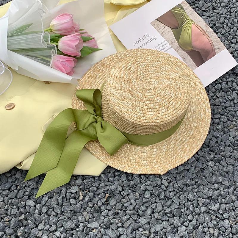 Summer 7cm Wide Brim Beach Hats Women Girl Classic Round Flat Topped Straw Hat Ribbon Bow Elegant Lady Sun Cap Chapeau Sombreros