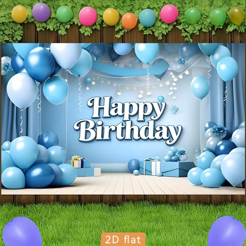 2D Cool Blue Happy Birthday Backdrop Banner with Balloon and Curtain Design