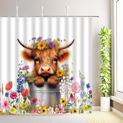 Highland Cow Shower Curtain Farm Animals Cattle Portrait Watercolor Flowers Plant Bathroom Decor Fabric Bath Curtains with Hooks