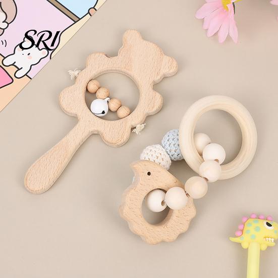 Beech Wood Baby Toy 1 Pair Wooden Rattle with Bell Beads Hedgehog Rabbit Elephant Bird Bead Teething Grip Ring Newborn Boys Girls Early Education