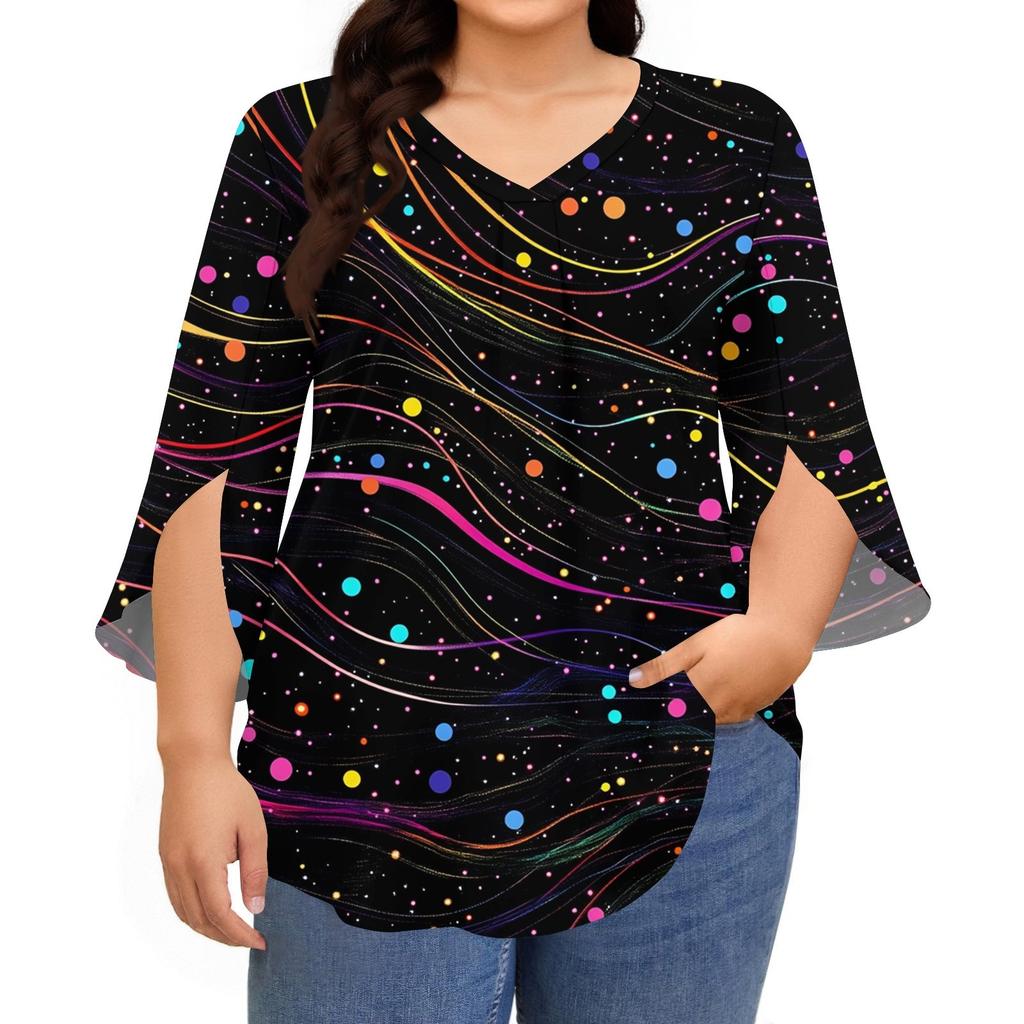 Damen Druck V-Ausschnitt Übergröße Tops 3/4 Ärmel Elegante Hemd-Tops