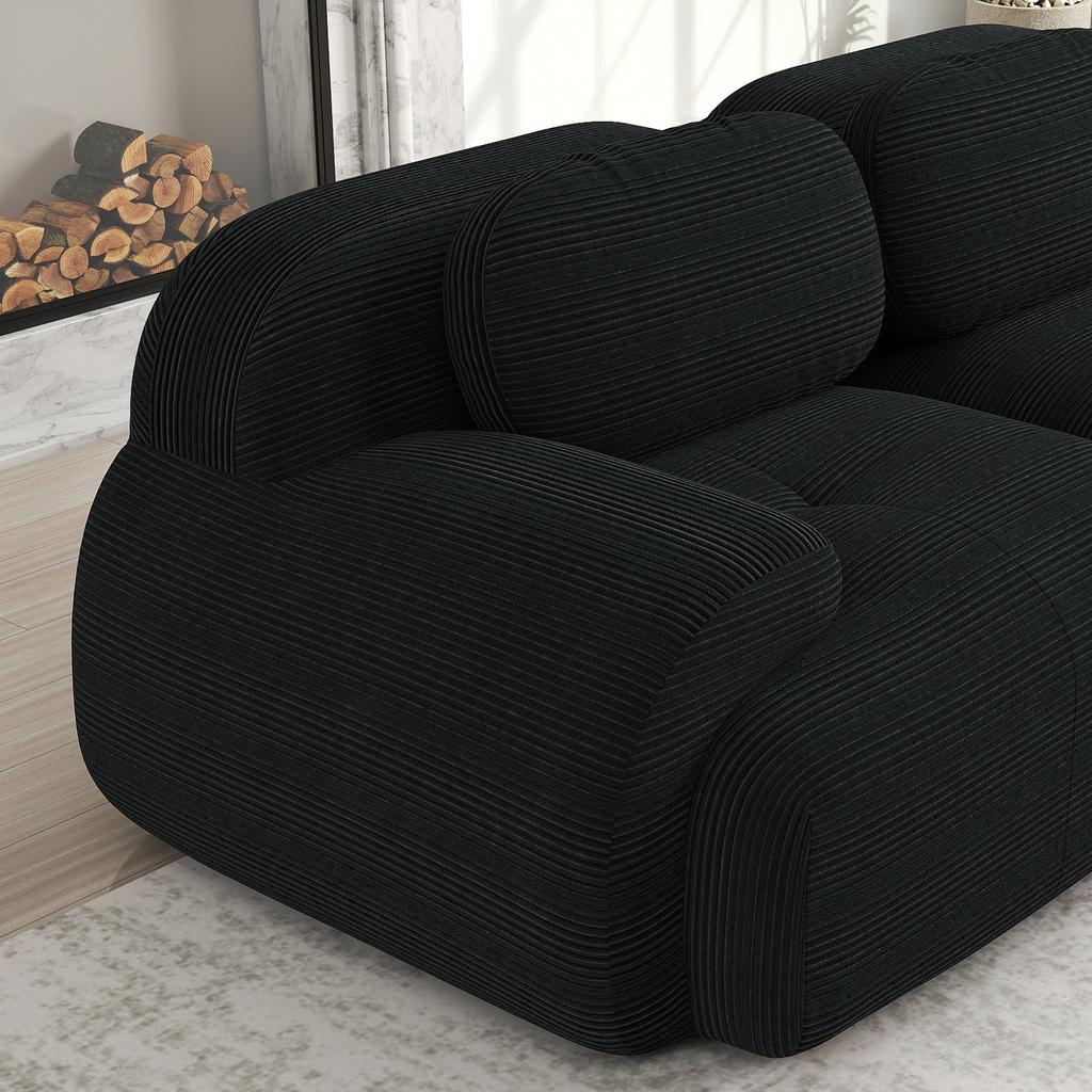 Loveseat Sofa Corduroy, Frameless, Combinable with Curved Armrests and Non-Slip Underside, High-Elastic Padding for Living Room, Bedroom, Black