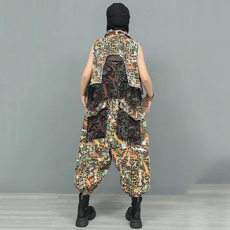 XITAO Patchwork Mesh Pocket Lapel Two Piece Jumpsuit  GYX1611