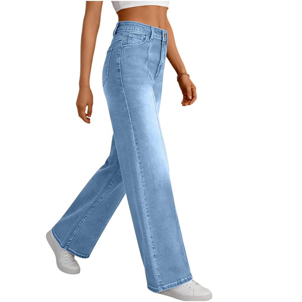 Damen Jeans mit weitem Bein Leichte gerade geschnittene lockere Jeans mit Kordelzug Denim Hose
