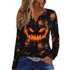 Women's Casual Halloween Print V-Neck Long Sleeve T-Shirt with Decorative Buttons