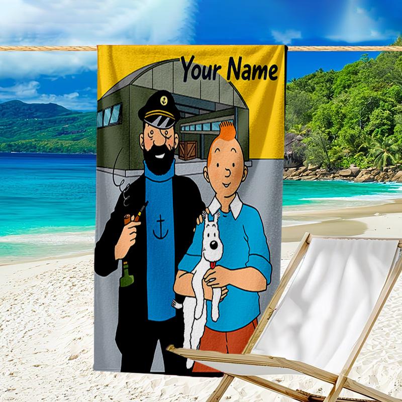 Personalisierbares Strandtuch Tintins Abenteuerstadt Strandtuch, Weiche Mikrofaser, Geschenk für Sie/Ihn, Geburtstag, für Pool, Strand, Reisen, Fan-Geschenke