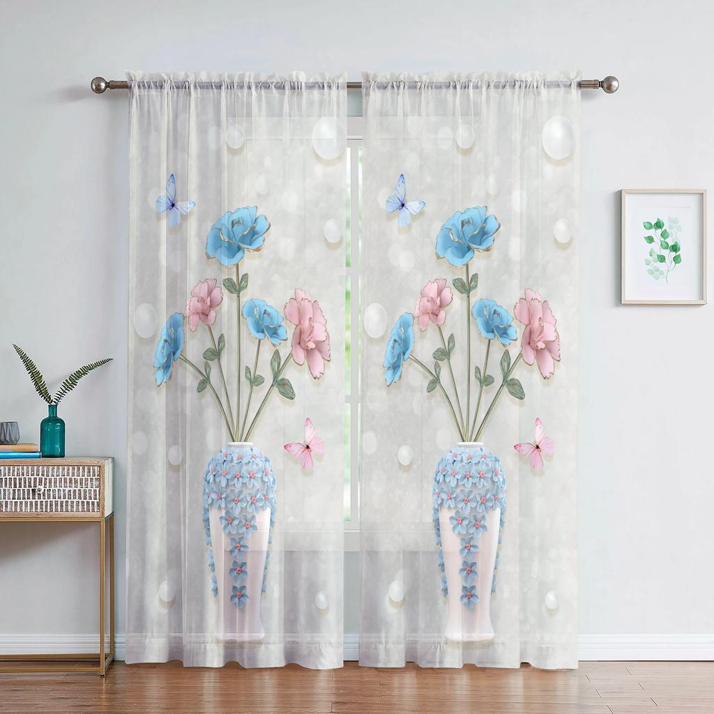 Delicate Vases Floral Curtain Living Room Bedroom Transparent Tulle Chiffon Voile Kitchen Window Curtains Sheer Made Of Polyester Sitting Decor
