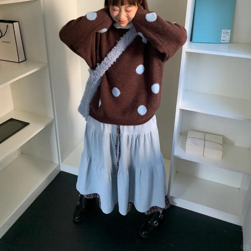 Art Gallery Girl Burán Patchwork Corduroy A-Line Skirt - Vintage High-Waist Blue Heavywork Midi Half Skirt for Fall/Winter