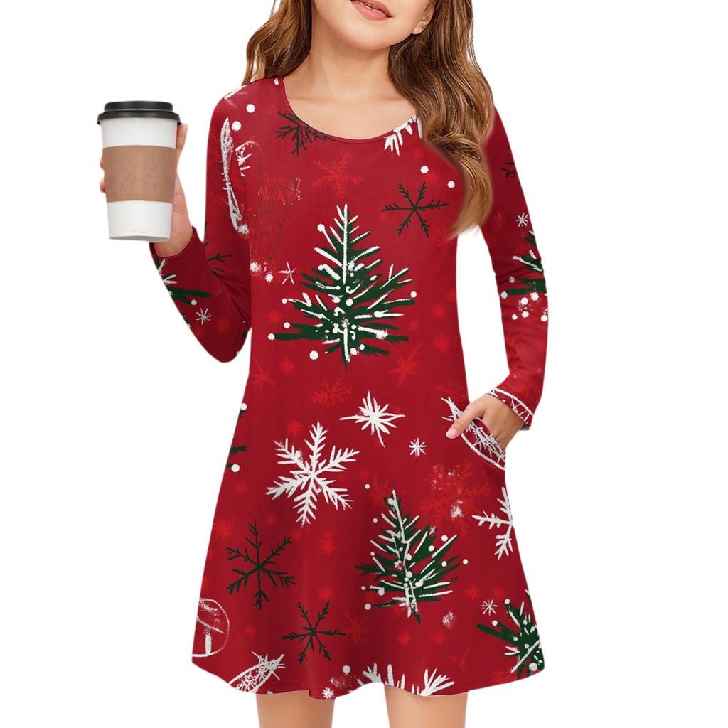 Christmas Day Girls' Long Sleeve Dress - Color Pocket Dress