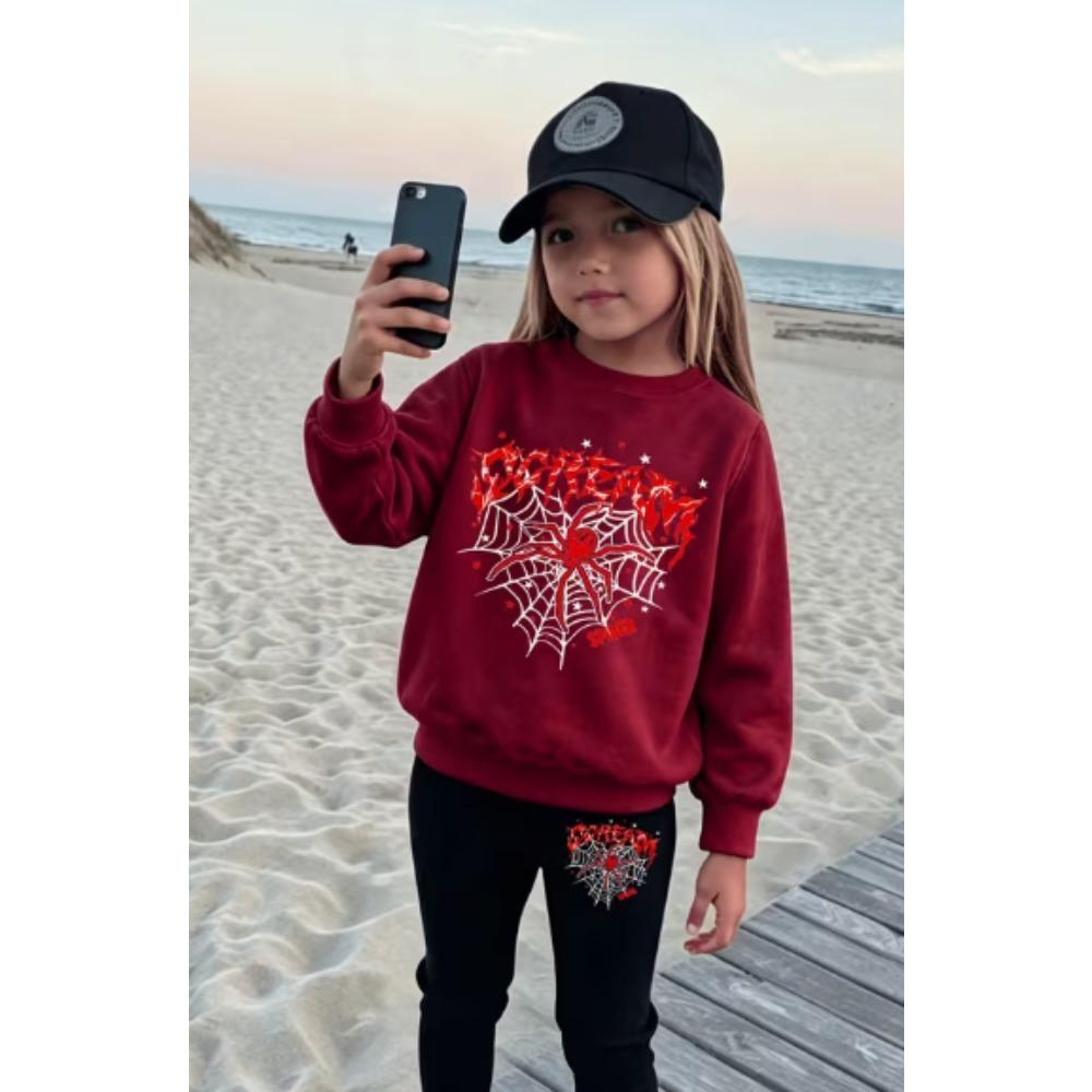Girls' Heart Spider Casual Comfortable Soft Loose Pullover Sweatshirt and Leggings 2-Piece Set, New Autumn/Winter, Playful, Sweet and Cool Style