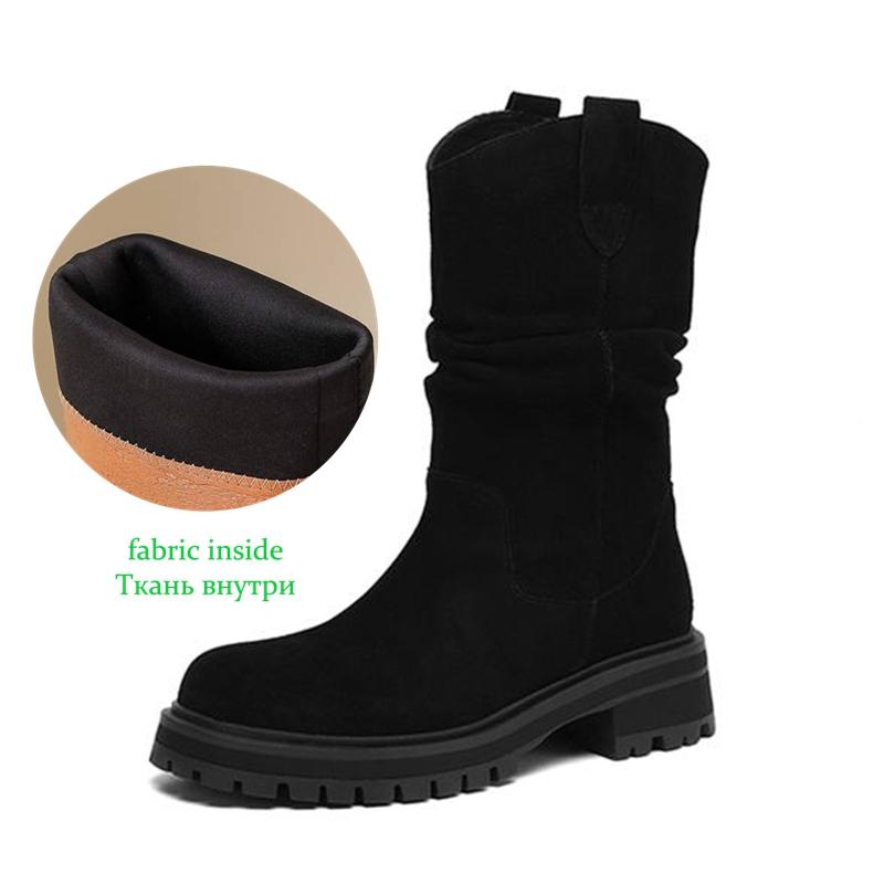 Krazing Pot Cow Suede Nubuck Winter Round Toe Western Boots Med Heels Pleated Decoration Women British School Mid-calf Boots