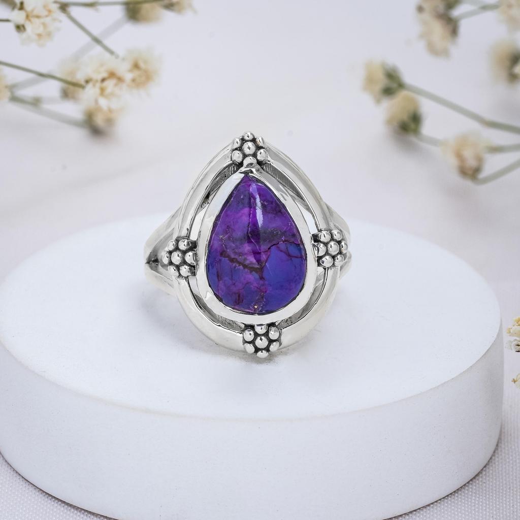 Purple Copper Turquoise Ring In 925 Sterling Silver - Teardrop Statement Jewelry - Bohemian Artisan Design - Gift for Women