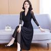Elegant V-Neck Long Sleeve Mesh Dress for Women - Plus Size, Slimming Waist, Belly-covering, Stylish 2025 Spring/Autumn Fashion