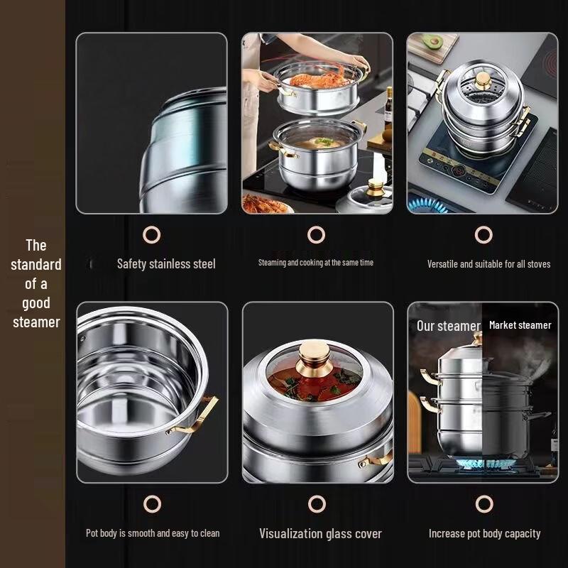 ZISIZ 36CM Casserole & Cuiseur Vapeur Inox à Quatre Niveaux