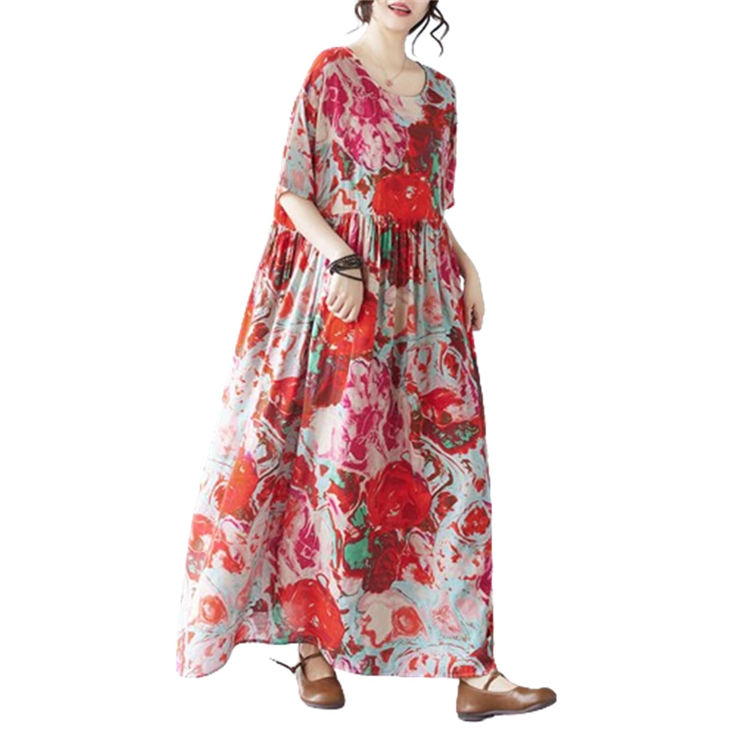 

Summer Resort Mori Girl Long Plus Loose Bohemian Floral Perfect for Popular Free Floral Print [kisetsumate] Women s Dress, Cotton-Linen, Style, Dress,