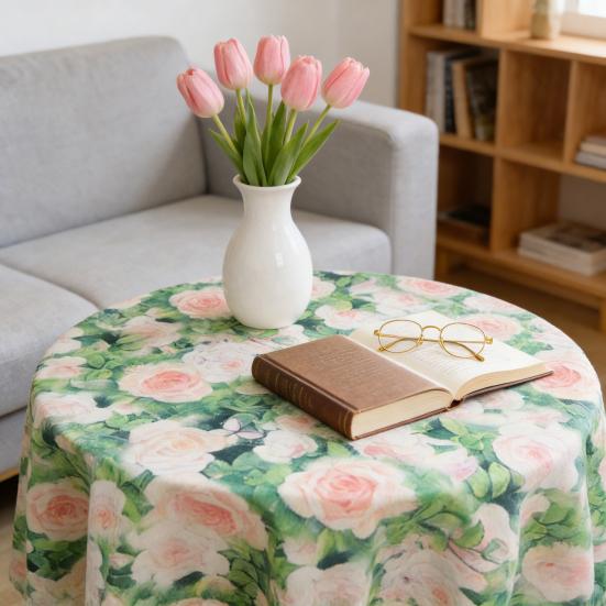 Obrus Sezonowy Letni Wodny Druk Kwiatowy Okrągły Odporny na Rozlania Odporny na Zmarszczki Pokrowiec na Stół Wystrój Domu