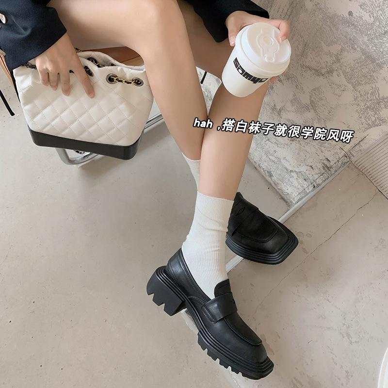 College Style Square Head Loafers 2025 Spring Cowhide Lace-up Cao Cake Height Increase Casual Single Shoes Women's Casual Versatile