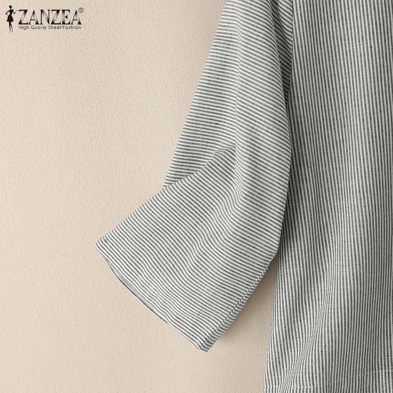 ZANZEA Damen V-Ausschnitt Locker Lässig 3/4 Ärmel Streifen Bluse