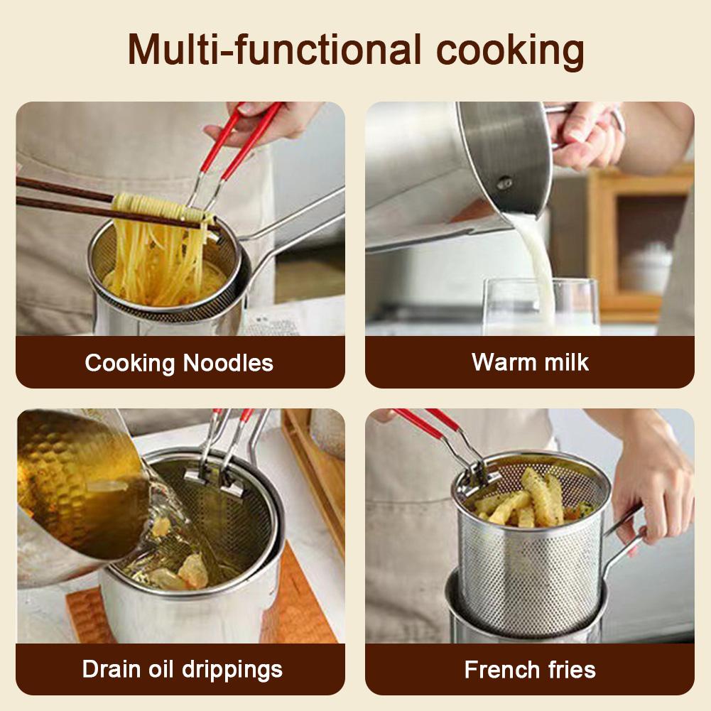 Stainless Steel Deep Fryer Pot with Strainer Mini Multifunction Frying Pot for Home Induction Cooker