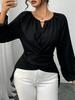 Women's Solid Color Wrap Blouse Round Neck Long Sleeve Ruched Casual Top
