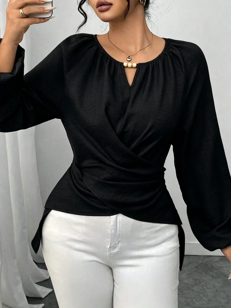 Women's Solid Color Wrap Blouse Round Neck Long Sleeve Ruched Casual Top