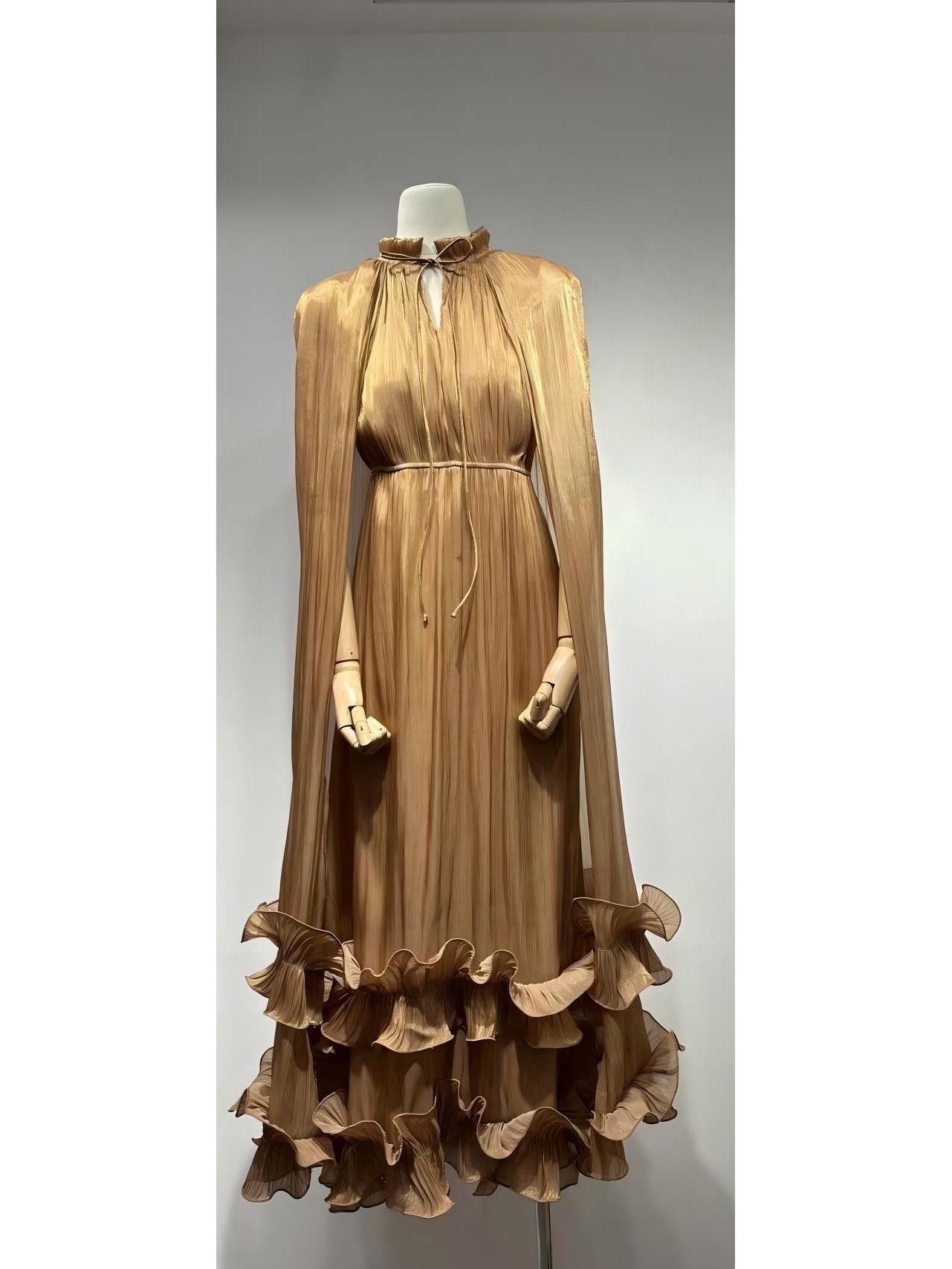 Elegant Pleated Plus Size French Cake Dress with Ruffle Hem Shawl Style XXL