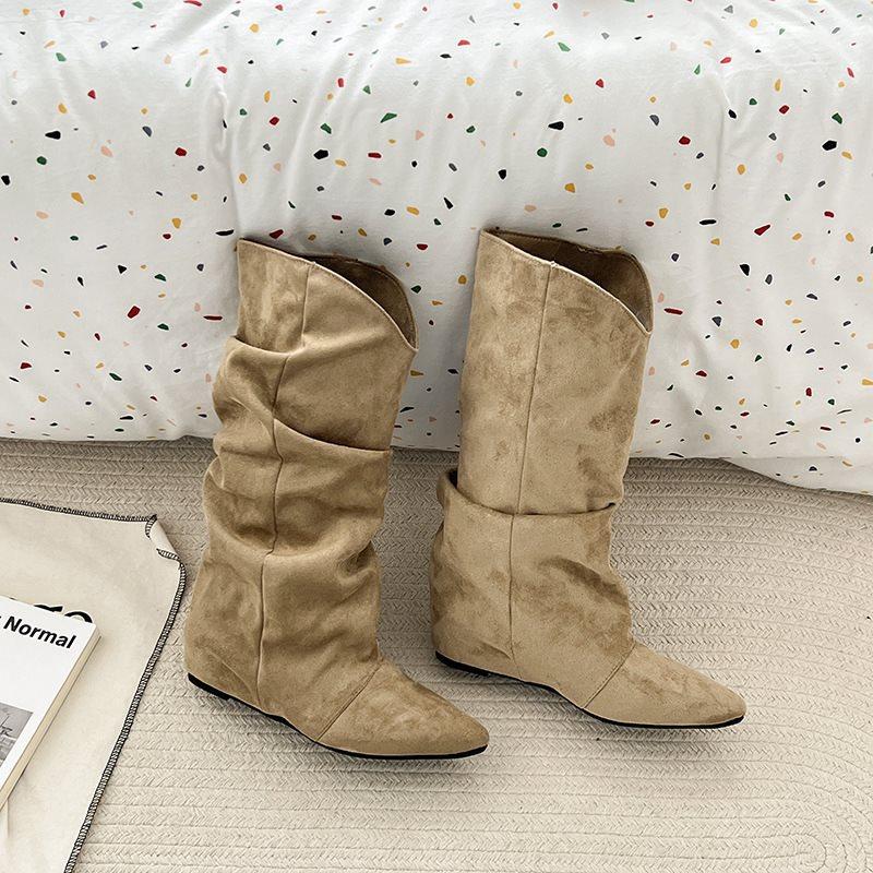 Inner heightening retro knight boots stacked new 2025 khaki pointed flat boots women's boots slim autumn