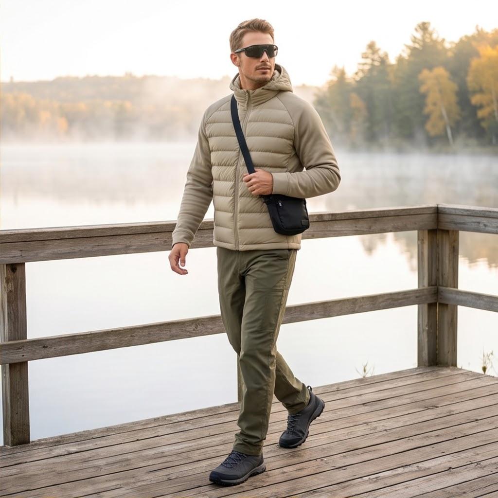 Men's Lightweight Quilted Hooded Jacket with Synthetic Down for Fall and Winter