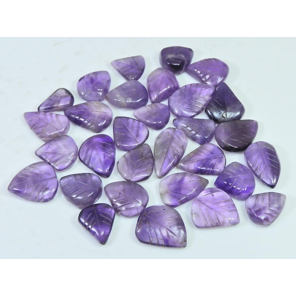 161Cts. Natural Amethyst Leaf Carving Pear Shape Cabochon Gemstone 30Pcs Lot C-1909