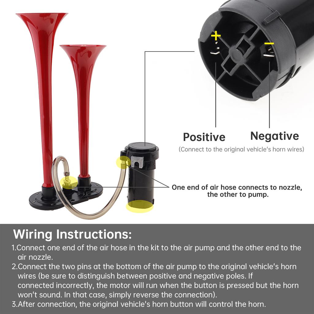 12V 150dB Super Loud Dual Trumpet Air Horn with Compressor - Red Musical Sound for Trucks, Lorry, Trains, Boats, Cars, Van & Ship