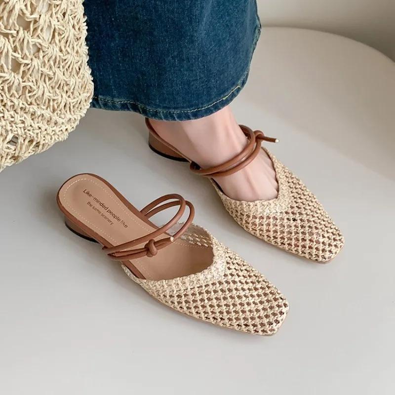 Women's Fashion Slippers Mesh Upper Square Toe Cover Toe Shoes Women Dress Daily Commute Breathable French Zapatillas De Mujer
