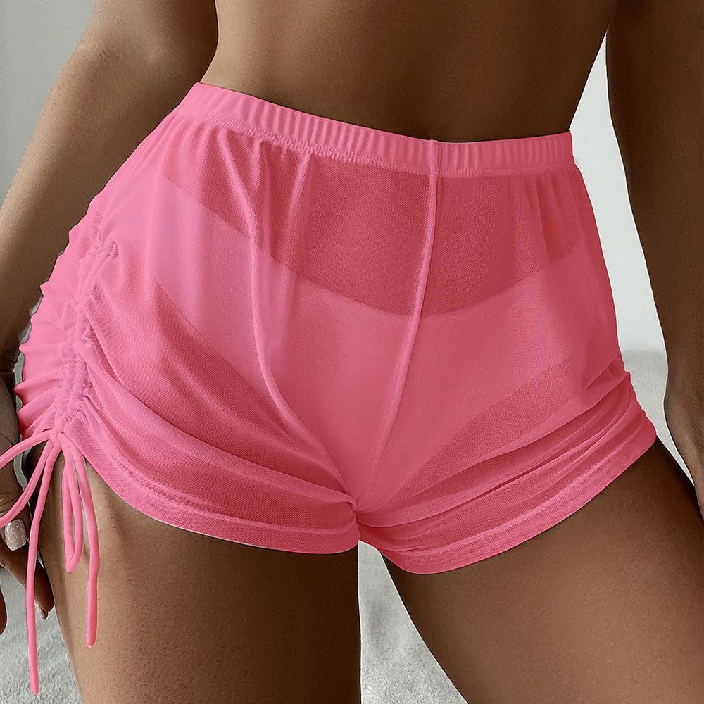 High-Waisted Solid Color Mesh Bikini Swim Bottoms - 2023 European and American Style