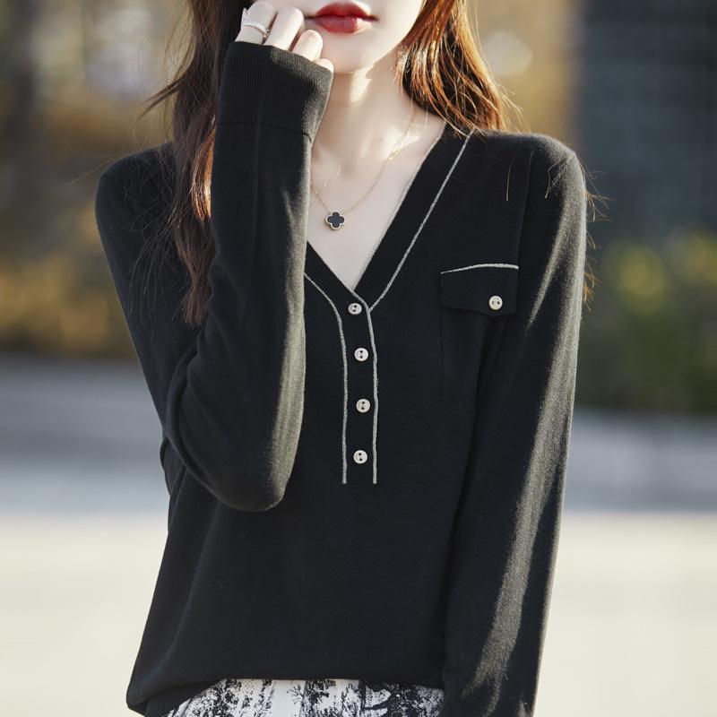 

Новый свитер из тонкой мериносовой шерсти с V-образным вырезом, приталенного силуэта - Модный и универсальный вязаный пуловер Medium