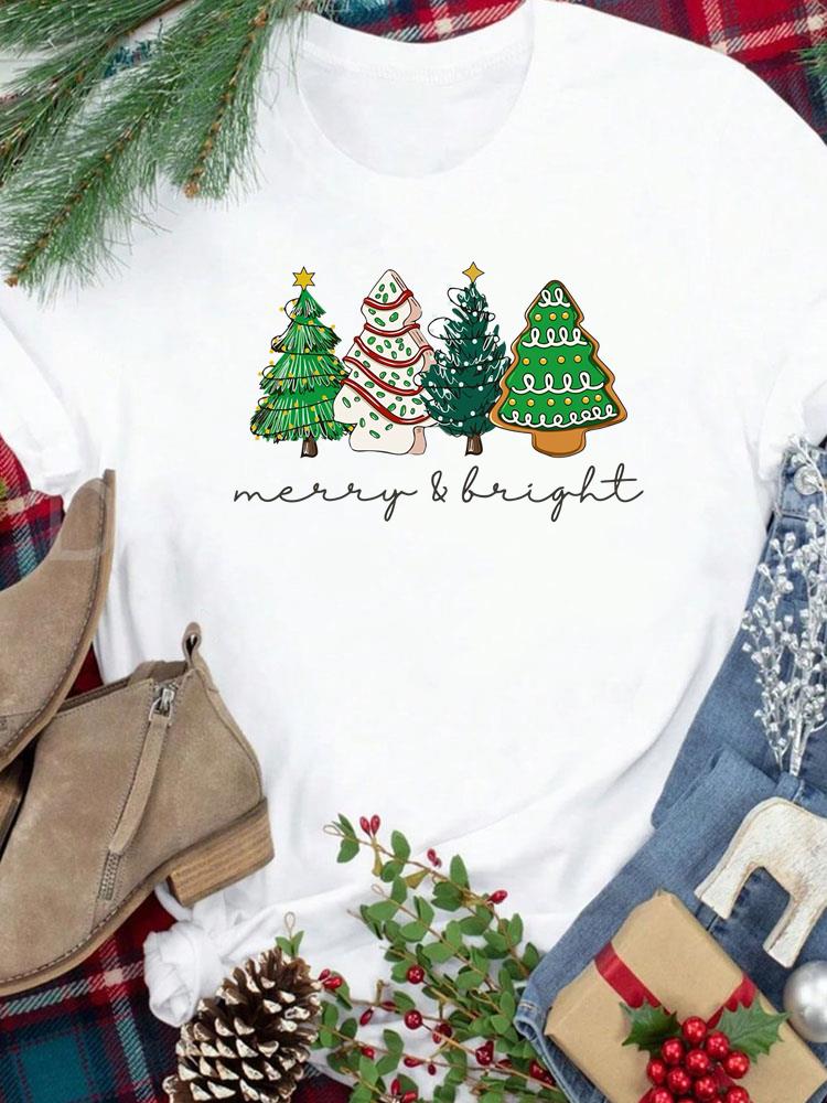 (Asian Size) star trend cute New Year festival Women Print Holiday Tee Top  Merry Christmas Casual Lady Short Sleeve Fashion Graphic T-shirts