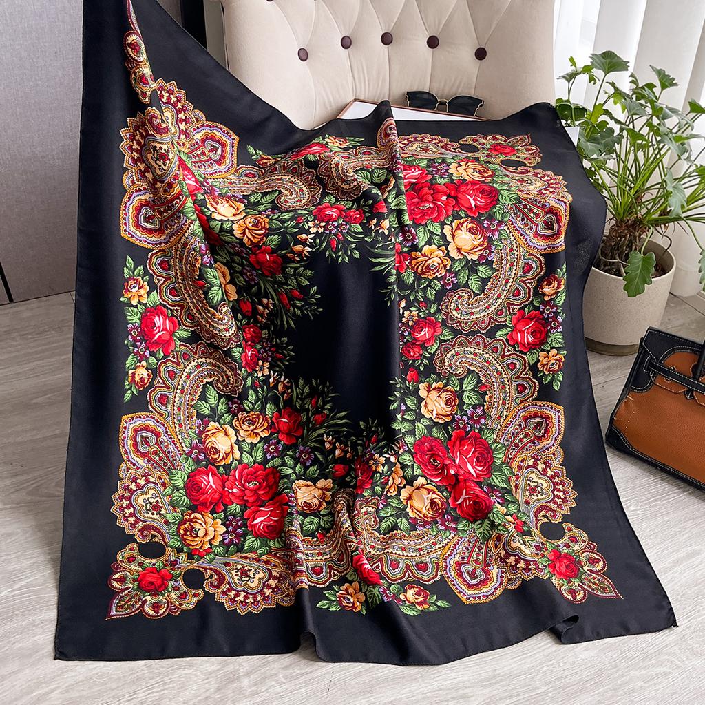 Women Russian Floral Scarf Ethnic Style Square Bandana Head Scarves Ladies Handkerchief Headband Silk Scarf Hair Wraps