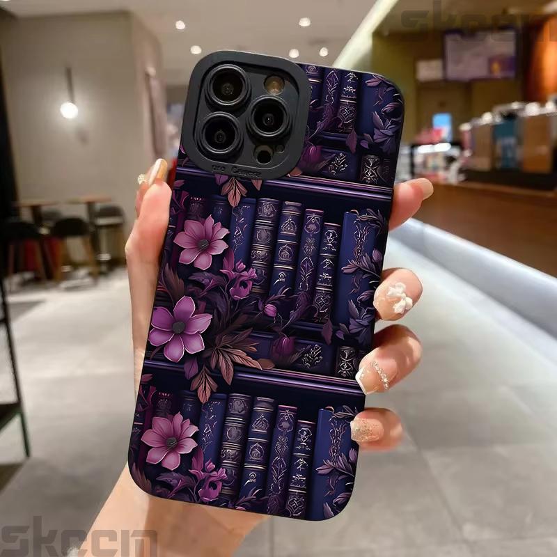 Vintage Purple Bookcase Painted Phone Case For iPhone 16 15 14 13 12 11 Pro Max Mini XS X XR 7 8 16 Plus Silicone Soft Cover