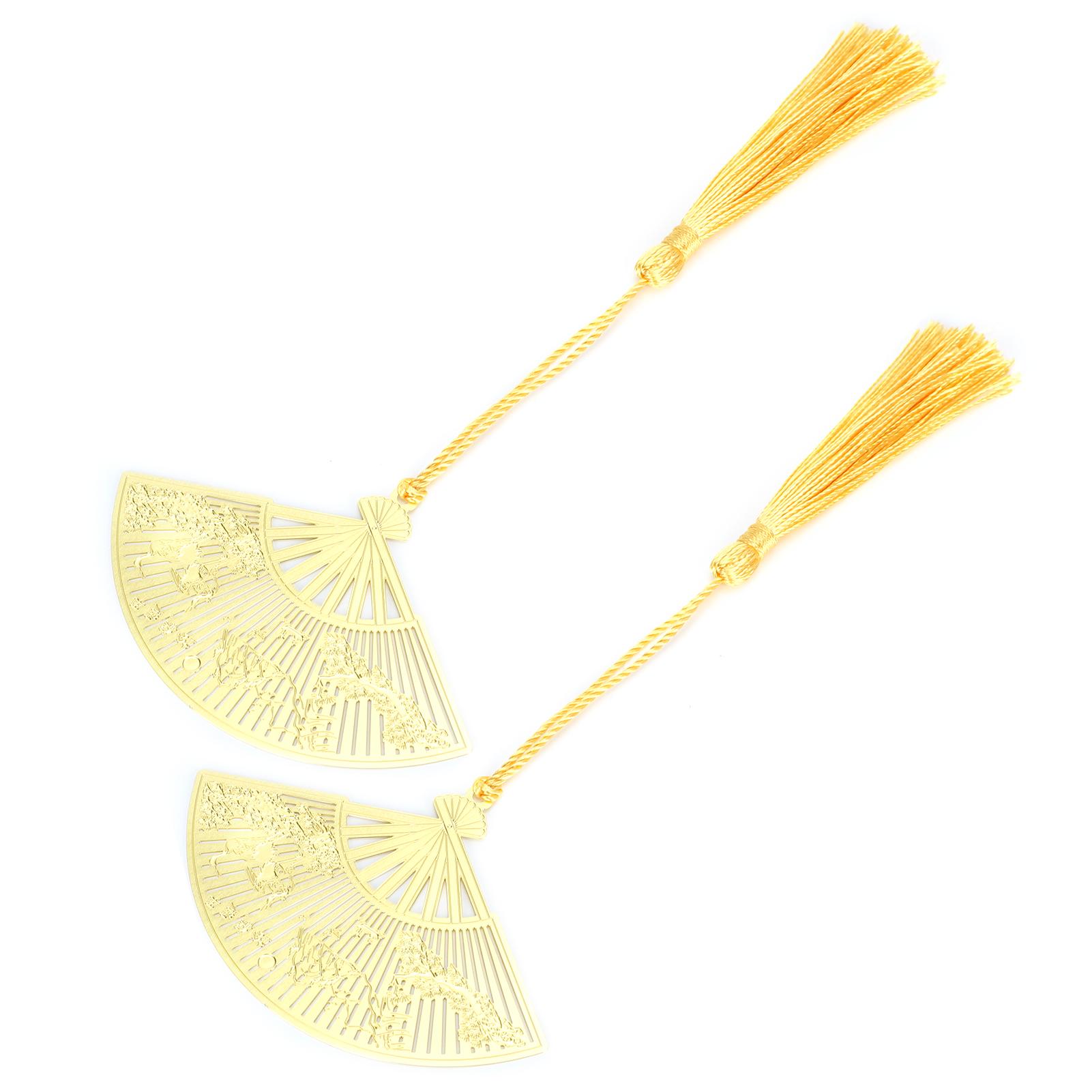2Pcs Fan Bookmark Antique Chinese Folding Fan Shape Brass Metal Pine and Crane Pattern