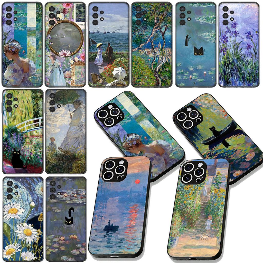 Claude Monet Impressionism Waterlily Cat Phone Cover for Samsung Galaxy S25 Edge S24 S23 FE Plus Ultra A16 A15 A55 A57 5G Case