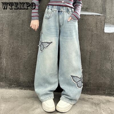 Girls' Jeans Butterfly Patch Denim Wide Leg Pants Children's Straight Leg Pants