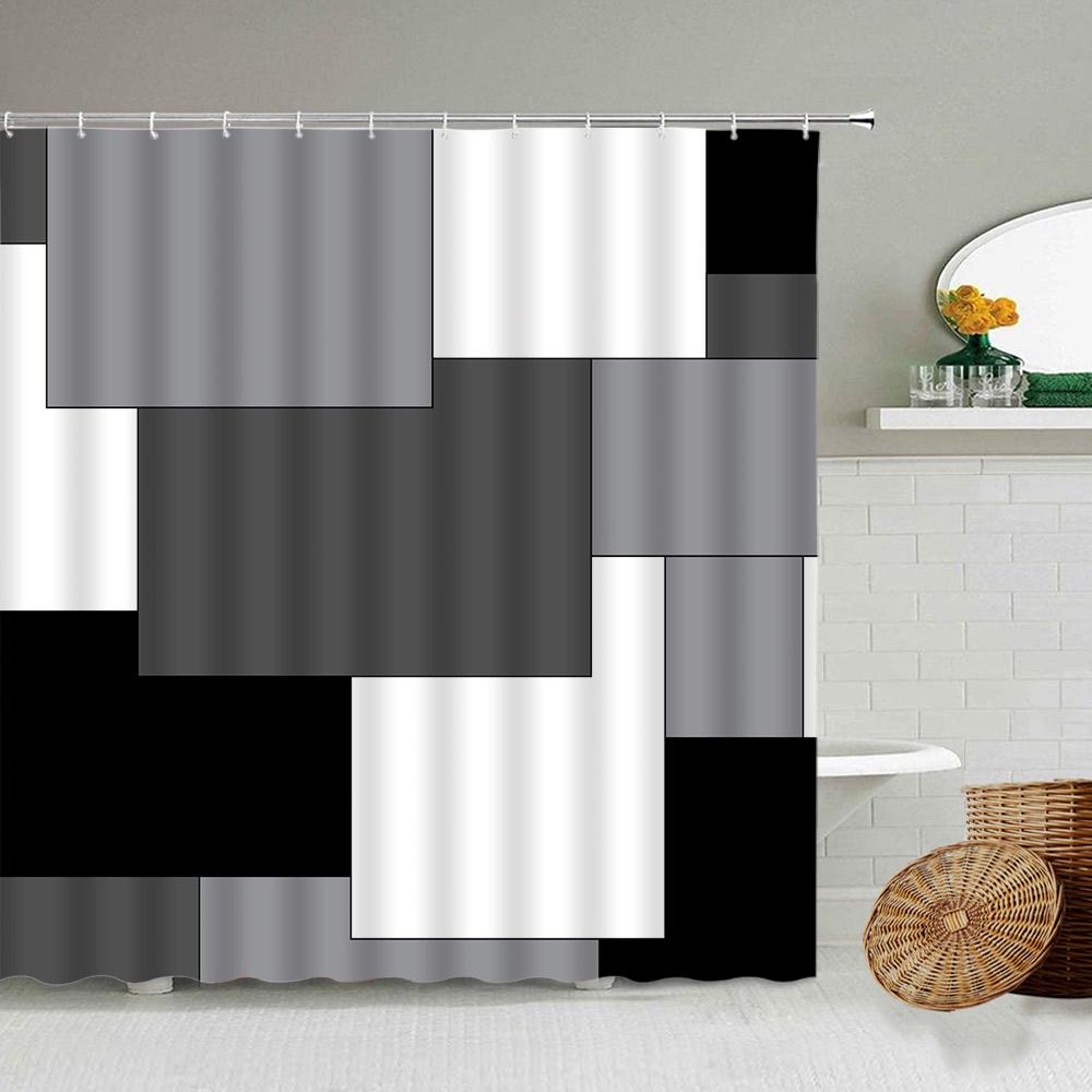 Black and White Checkered Wave Stripe Geometric Shower Curtain Bathroom Waterproof Polyester Curtain with Hook Home Decor