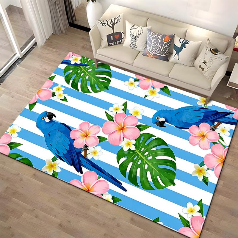 Blue Parrot Tropical Carpet with Flowers and Leaves, Striped Background Suitable for use as an anti-slip for living room bedroom sofas