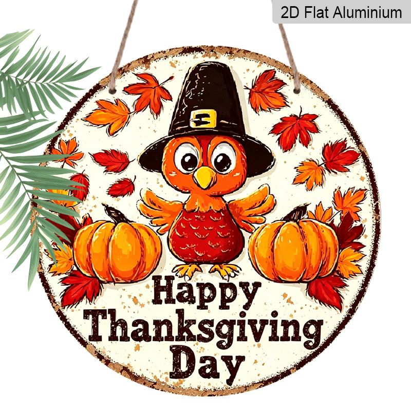 2D Flat, 1pc Vintage Thanksgiving Aluminum Metal Wall Decor - Happy Thanksgiving Day Sign with Red Turkey, Pumpkins & Fall Leaves, Retro Farmhouse