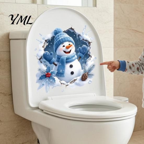 Holiday Glass Door Stickers Christmas Snowman Toilet Stickers, 3D Bathroom Wall Decals, Waterproof Seasonal Window PVC Seat Creative Decor Murals