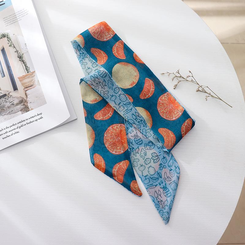 Summer French Retro Blue Tied Hair Small Floral Long Silk Scarf Headband Braided Hair Chiffon Thin Ribbon Scarf