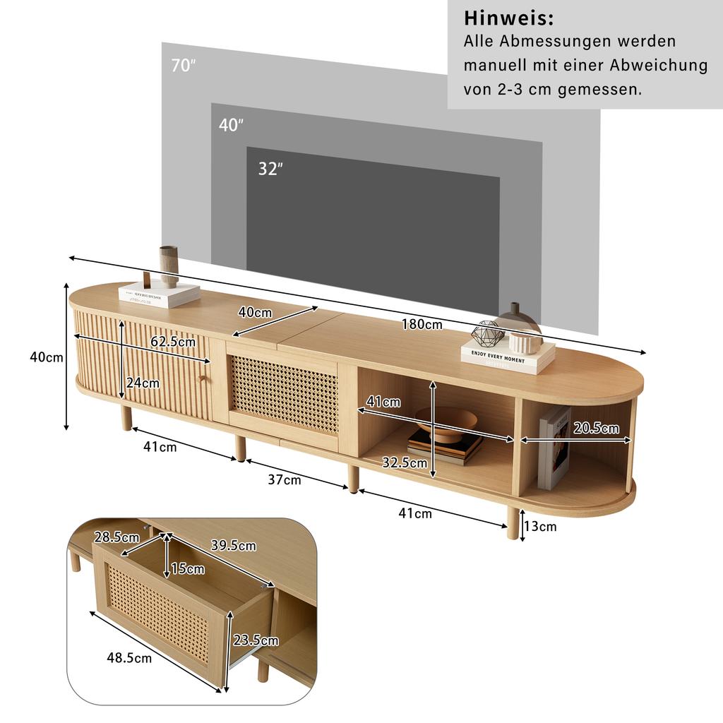 Nowoczesna Niska Szafka RTV z Okrągłym Designem i Drzwiami Rolowanymi, MDF, Szuflada, na Telewizory do 75 Cali, Salon i Jadalnia, 180x40x40cm, Kolor Drewna