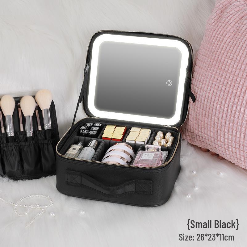 Make-up-Tasche mit großer Kapazität, Spiegel, Licht und herausnehmbaren Trennwänden - Tragbarer Reise-Kosmetikbeutel