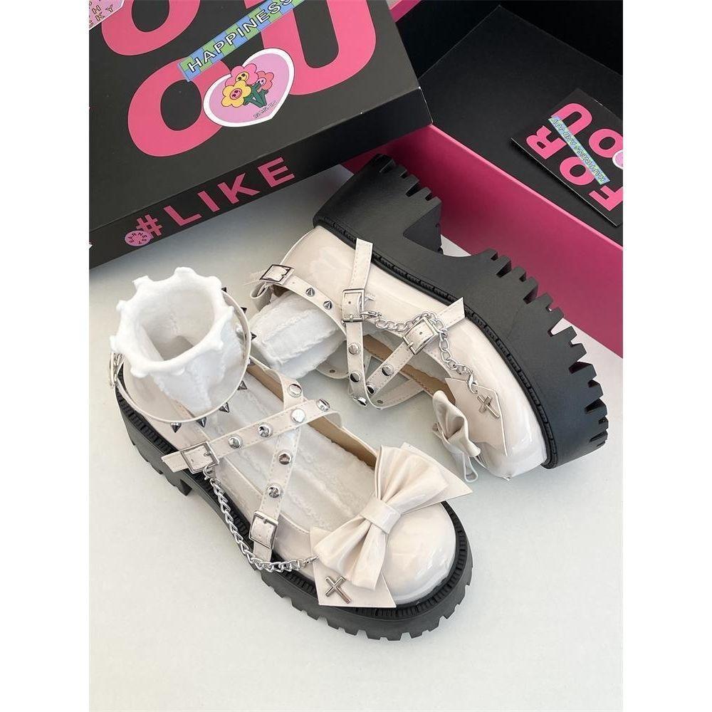 Punk Rivet Shallow Mouth Small Leather Shoes Women's New Spring Bow Thick Sole Height Increase Lo Shoes Versatile Single Shoes