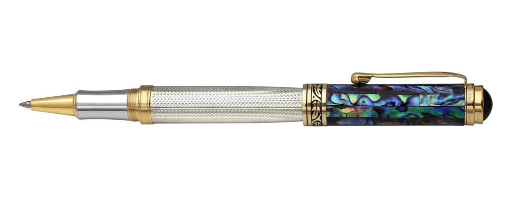 Xezo Maestro Solid 925 Sterling Silver Blue Paua Seashell Handcrafted Serialized Fine Rollerball 18K Gold No Two Are Pen. Plated. Alike.